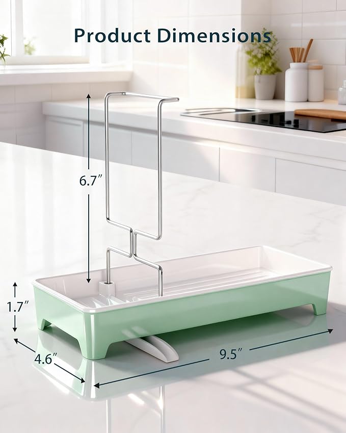 Minimalist Sink Caddy, Rustproof Sponge Holder for Kitchen Sink with 304 Stainless-Steel Brush Holder, Countertop Rack Organizer with Raised Ridges & Silicone Drain Tube (Mint Green)