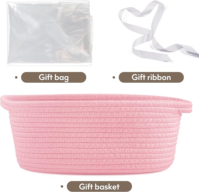 Pro Goleem Small Woven Basket with Gift Bags and Ribbons Durable Baskets for Gifts Empty Small Rope Basket for Storage 12"X 8" X 5" Baby Toy Basket with Handles, Pink