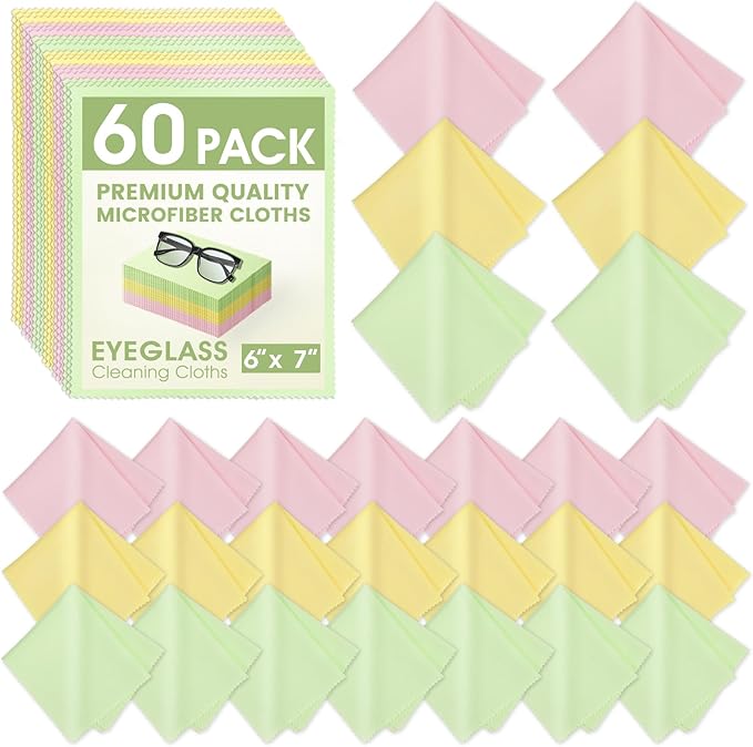 60-Pack Microfiber Cleaning Cloths for Glasses, 6x7 Inch Premium Lens Cleaning Cloth for Screens, Cameras, Eyeglasses, Cell Phone, LCD TV Screens，Pink，Green，Yellow