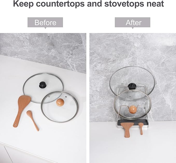 304 Stainless Steel Pot Lid Holder While Cooking, Kitchen Pot Lid Storage Rack for stove top, Multifunctional Kitchen Pot Lid Organizer for Countertop（Silver）
