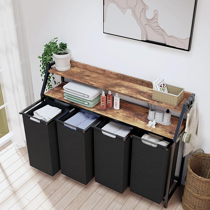 Laundry Hamper, Laundry Sorter with 4 Section, Rolling Basket with Wheels, 2 Shelves, 4 14.5 Gal, Pull-Out and Removable Oxford Fabric Bags for Laundry Room, Black and Rustic Brown