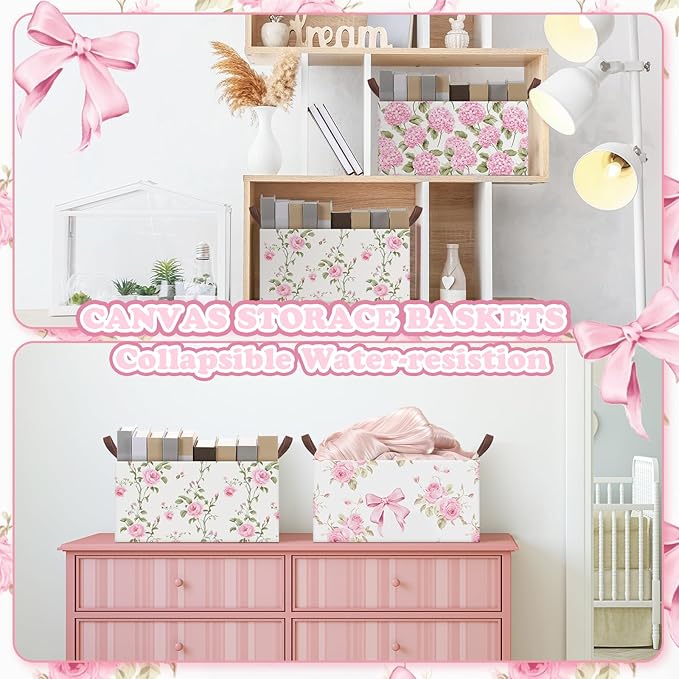 Boao 3 Pcs Pink Hydrangea Foldable Storage Baskets Pink Flower Laundry Basket with Handles Waterproof Storage Bins Fabric Shelf Baskets for Organizing Closet Clothes
