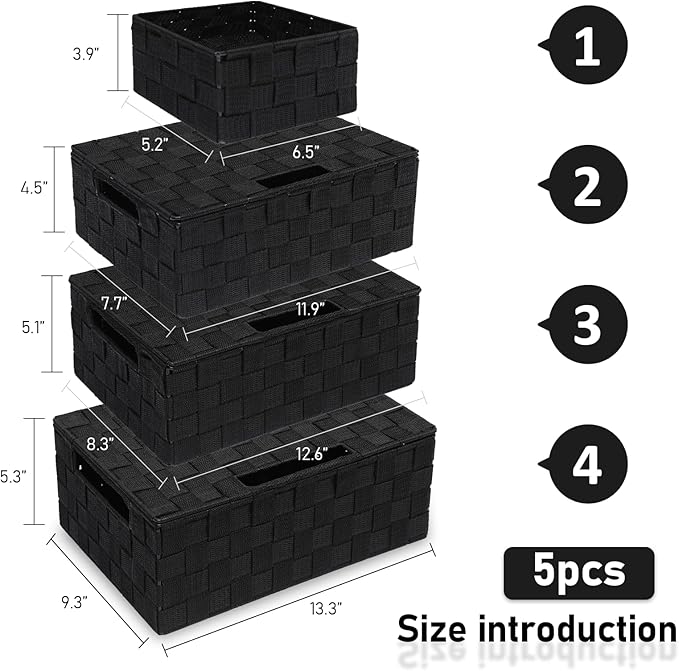 Storage Bins Woven Organizer with Lids Set of 5 – Polypropylene Storage Baskets with Metal Frame, Stackable Fabric Boxes for Drawers, Closet, Shelf, Nursery and Office, Black