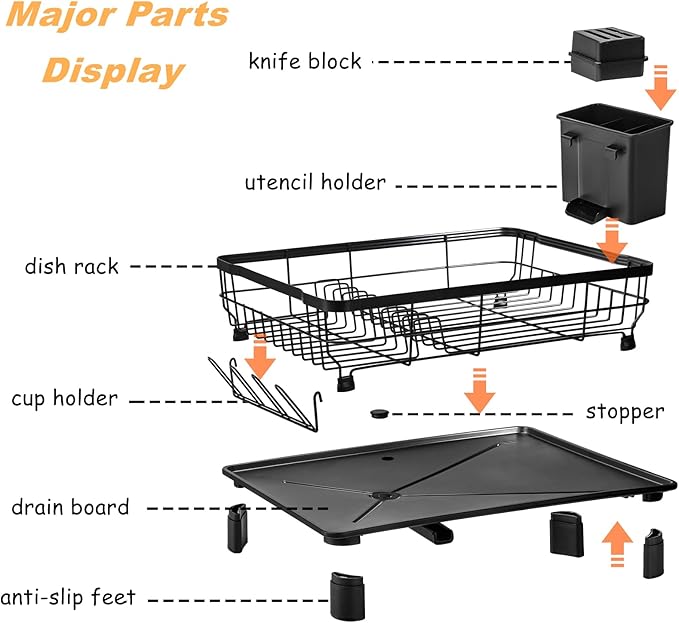 Lyellfe Dish Drying Rack, Rust-Proof Dish Drainer with Drainboard Utensil Cup Holder, Black Iron Dish Rack and Drainboard Set for Kitchen Counter, Over The Sink