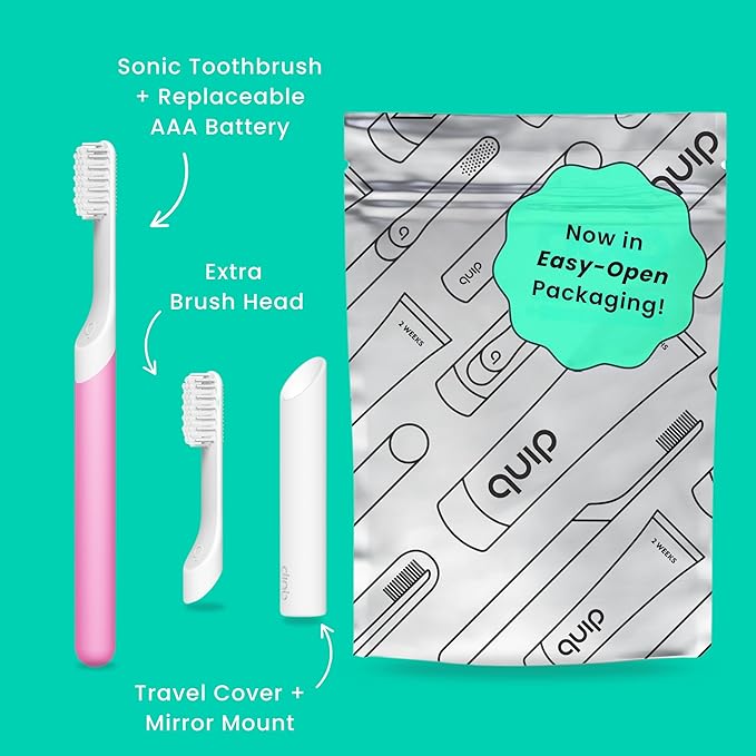 Quip Sonic Electric Toothbrush for Adults - Time Travel & Soft Bristles with Travel Case & Replacement Brush Head - 3 Month Battery Life, Plastic Handle - Magenta