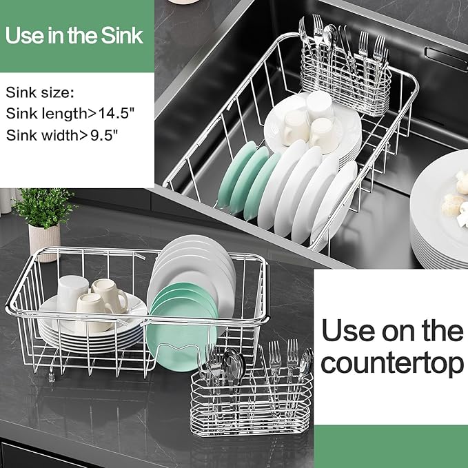 Small Dish Drainer Rack in Sink Adjustable, Expandable Stainless Steel Metal Dish Drying Rack Organizer with Stainless Steel Utensil Holder Over Inside Sink Counter, Rustproof(for 1-2 People)