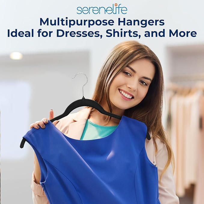 SereneLife 100 Pack Shirt Hangers, Heavy Duty Non-Slip Velvet Hangers with 360° Swivel Hooks, Slim Space-Saving Design for Tops, Jackets, Blouses, & Strappy Dresses (Black)