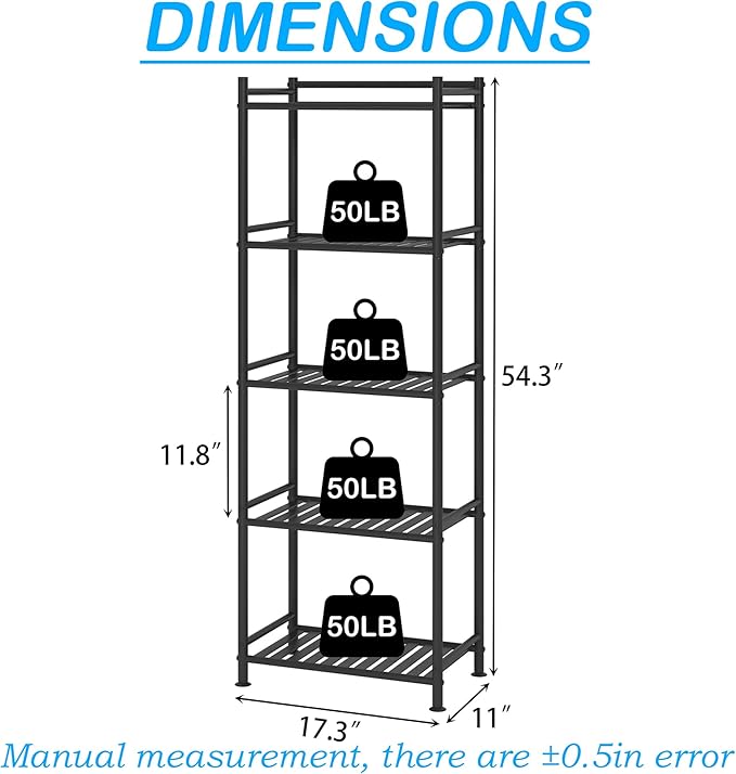5 Tier Bathroom Storage Open Shelf Unit, Free-Standing Metal Corner Rack Shelving for Kitchen, Living Room, Hallway (Black, Wider 5 Tier)