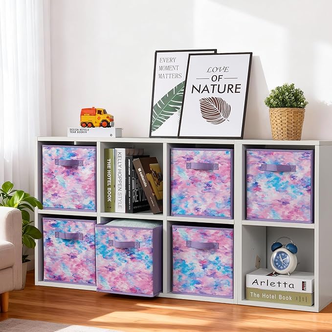 Stero Fabric Storage Cubes, 6 Pack Foldable Storage Bins Baskets with Handle, 11 Inch Box for Shelves, Closet, Organizer, Tie-dye Purple