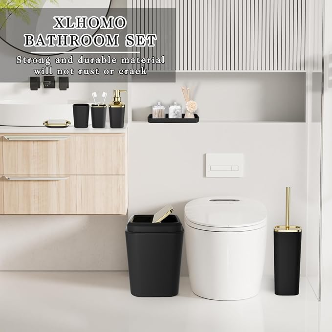 Black Bathroom Accessories Set, Black and Gold Bathroom Accessories with Trash Can, Tray, Soap Dispenser, Soap Dish, Toothbrush Holder, Toothbrush Cup,Toilet Brush and Qtip Holders