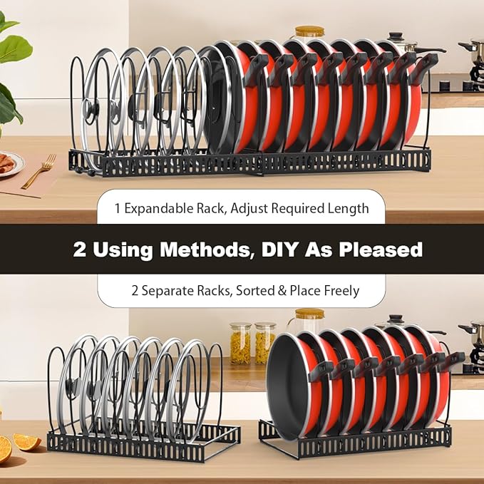 Housolution 2 Pack Pot and Pan Organizer Rack, 12"-23" Expandable Pot Lid Organizer with 14 Adjustable Dividers, Pan Holder Storage Rack for Kitchen Cabinet, Black