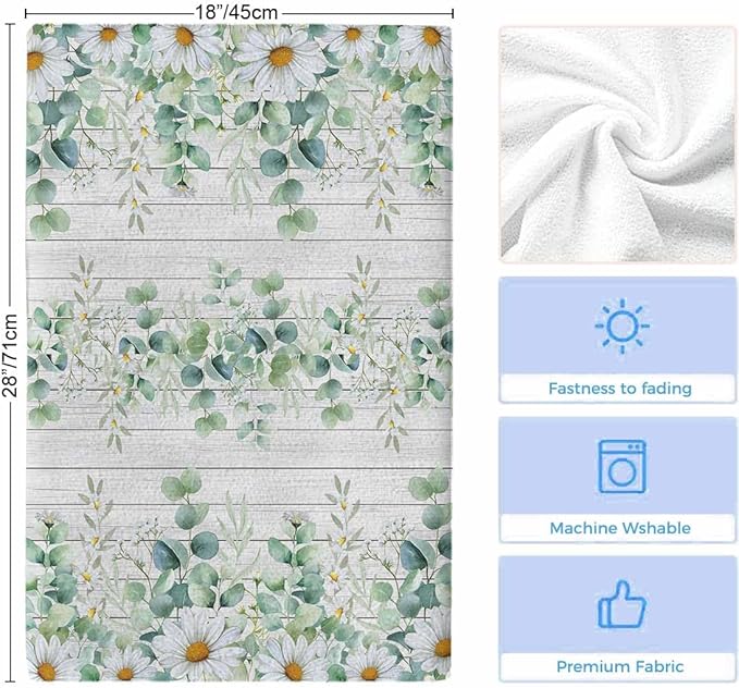 Kitchen Towels Set of 2, Green Eucalyptus Leaves Soft Microfiber Dish Towels, Daisy Summer Botanical Wooden Absorbent Quick-Dry Washable Dishcloths for Kitchen Cleaning, Drying Dishes, 18x28 Inches