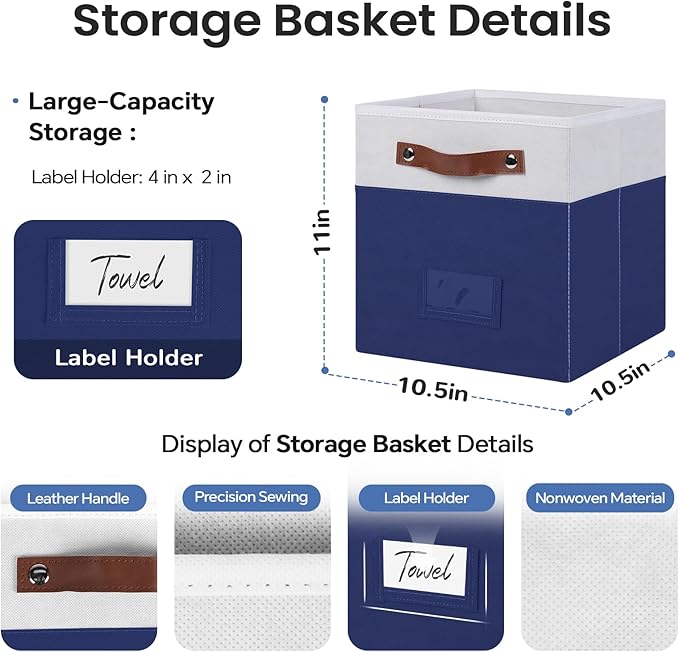 6-Pack Storage Cubes with Handles & Label Holders Basket, Closet Cube Home Organizer Bins(White/Blue, 10.5 * 10.5 * 11 inch)