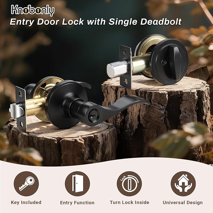 Knobonly 1 Set of Front Exterior Door Knob Set with Single Cylinder Deadbolts in Matte Blac Finish, All Keyed Same Combo Pack, Wave Style Entry Door Lever Locks with Combinations