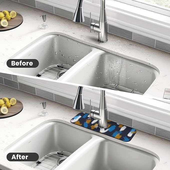 Faucet Draining Mat For Kitchen Sink, Blue Brown Color Block Diatom Mud Absorbent Drain Pad For Bathroom Kitchen Sink Splash Guard Drying Mat