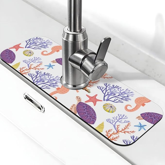 Faucet Draining Mat For Kitchen Sink, Purple Beach Sea Turtle Diatom Mud Absorbent Drain Pad For Bathroom Kitchen Sink Splash Guard Drying Mat