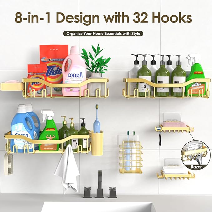 Shower Caddy Adhesive Shower Organizer 8-Pack, Rustproof Stainless Steel Bathroom Shelves, Large Capacity No-Drill Rack Storage Accessories with Soap Dish Toothbrush Holder Hooks