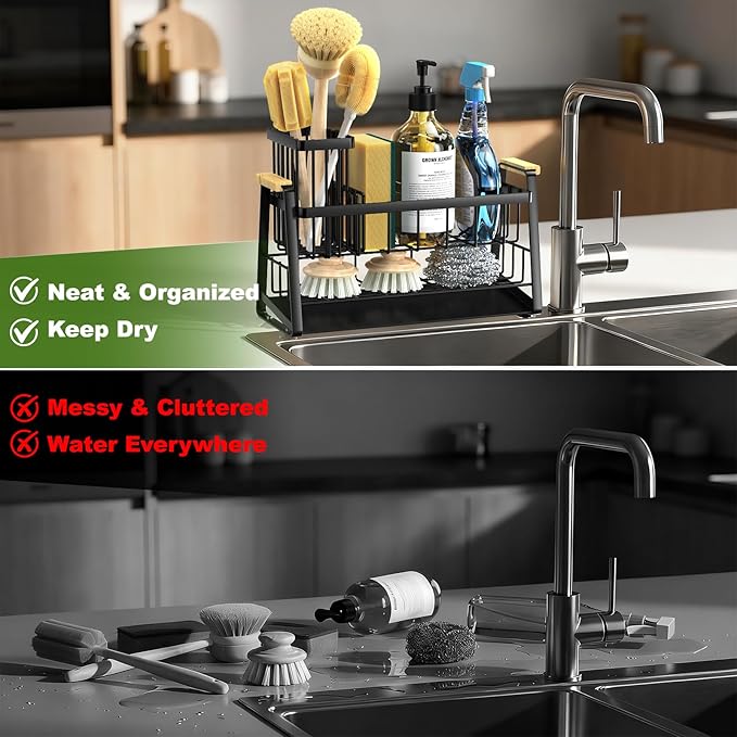 Housolution Sponge Holder for Kitchen Sink, 2-Tier Sink Caddy Organizer with Flexible High Brush Holder, Kitchen Countertop Storage Accessories, Soap Dispenser Organizer, Rustproof