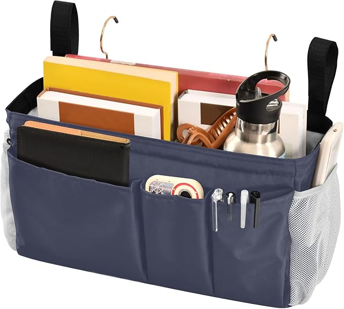 KOPIRIT Navy Grey Bedside Caddy Storage Bag Bedside Organizer for College Dorm Top Bunk Bed Hanging Bag Bedside Shelf 6 Pockets with Hooks for Magazine Water Bottle Holder