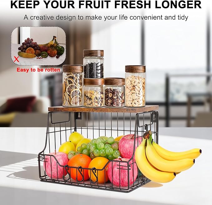 Livabber Fruit Basket for Kitchen, Metal Fruit Vegetable Storage Bin with 2 Banana Hangers, Countertop Wire Basket Organizer for Snack Potato Onion, Screw Mounted or Stand (Black, 1 Pack)
