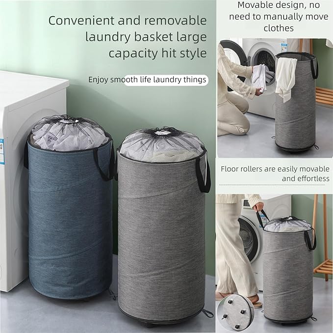 Large Laundry Basket，Waterproof, Freestanding Laundry Hamper, laundry baskets on wheels，Collapsible Tall Clothes Hamper with Extended Handles for Clothes Toys in the Dorm and Family-(72L) (blue)