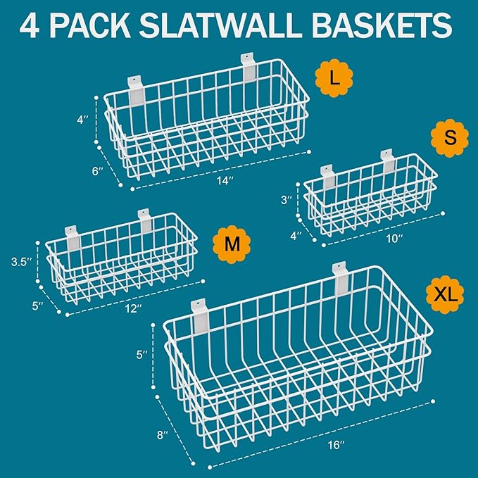 4 Pack Large Slatwall Baskets Set, Ventilated Metal Hanging Storage Slat Wall Basket, Mounted Slatwall Accessories for Garage Storage Organizing Display on Slatwall Panels bins (White)