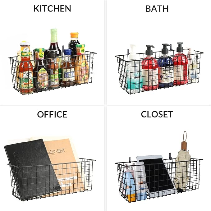 2 Sets Extra Large Hanging Wall Basket, Black Metal Wire Baskets with Steel Hooks for Organizing, WallmountedFruit Vegetable Toy Snack Storage, Home Kitchen Bathroom Laundry Pantry Organizer