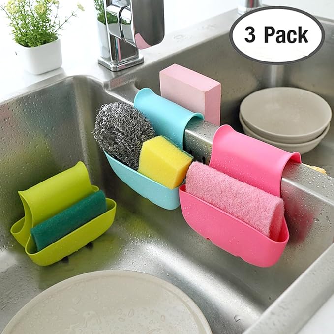 3 Pack Saddle Silicone Sink Caddy, Sponge Soap Brush Holder Basket Organizer Storage for Kitchen (Blue, Green, Pink)