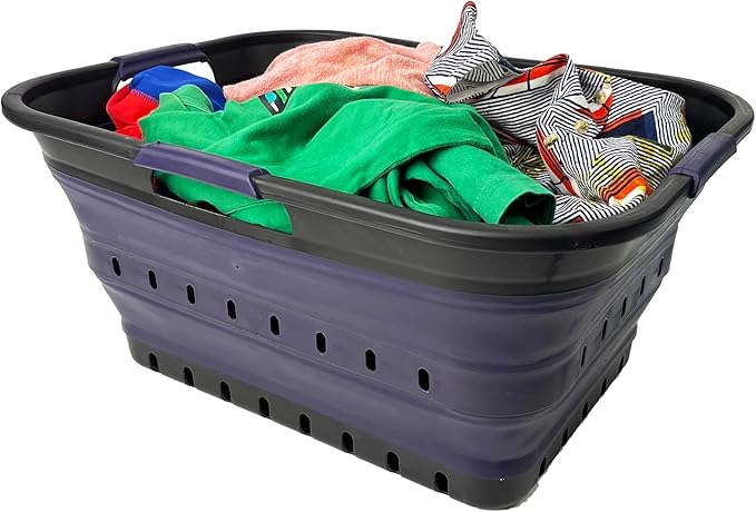 SAMMART 42 (11 Gallons) Collapsible Plastic Laundry Basket, Foldable Pop Up Storage Container/Organizer, Space Saving Hamper, Portable Bin for Dorm Room Bathroom (1, Black/Dark Purple)