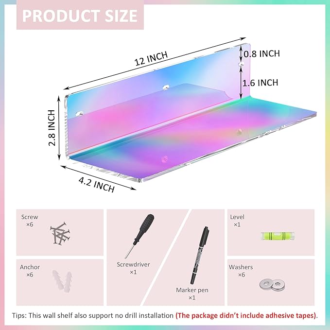 12 Inches Iridescent Wall Shelves, Moisture-Proof, Acrylic Bathroom Wall Shelves, Clear Floating Shelves for Bathroom, Bedroom, Living Room, Retail, 2 Pack