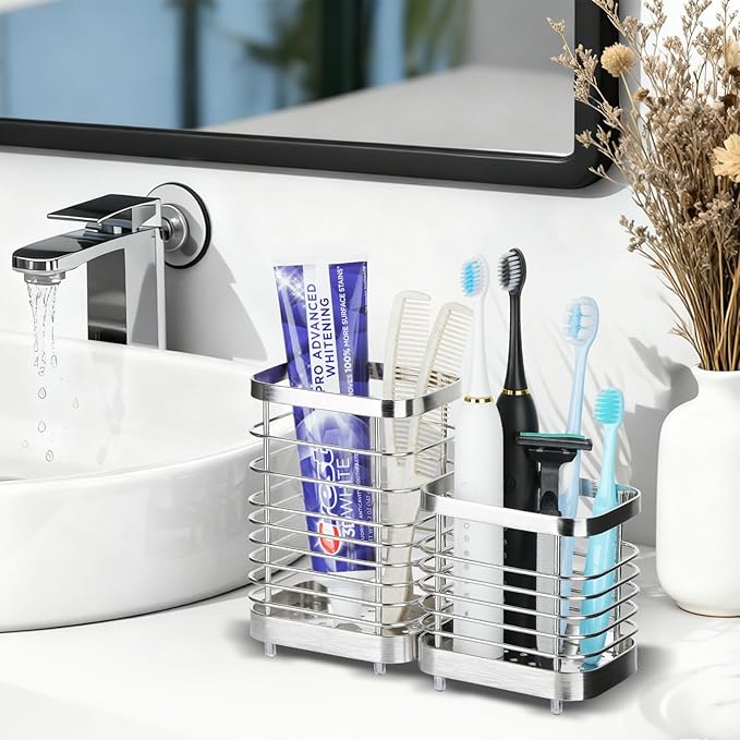 MYITYARD Toothbrush Holder for Bathroom, Stainless Steel Ventilated Electric Toothbrush & Toothpaste Holder, Modern Metal Bathroom Toothbrush Organizer, Bathroom Accessories, 2 compartments