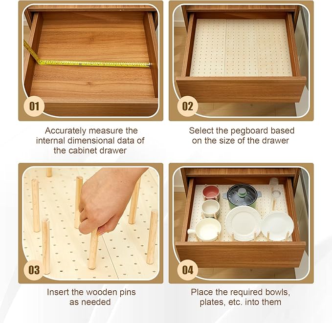 Kigley 6 Pcs Wood Pegboard Drawer Organizer with 48 Pegs - Peg Drawer Organizers for Dishes & Food Containers (20.98x5.91)