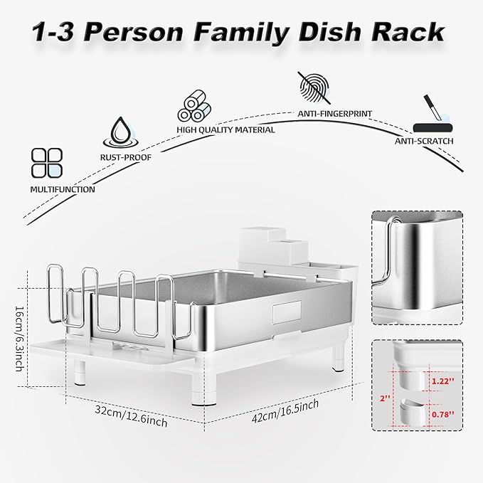 Dish Drying Rack, 304 Stainless Steel Dish Racks for Kitchen Counter, Dish Drainers with Automatic Drainage, Utensil Holder & Cups Holder, Space Saving Kitchen Organizer, White