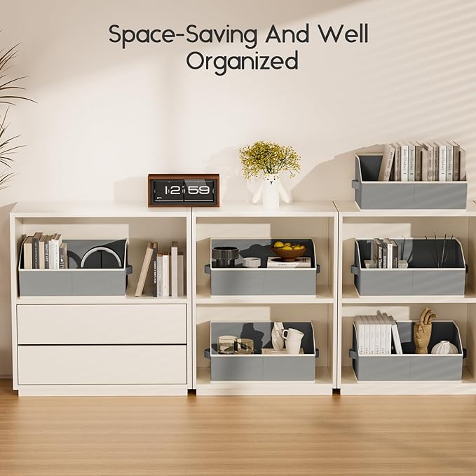 Large Closet Organizers and Storage Bins - 6 Pack Trapezoid Storage Baskets for Shelves, Foldable Fabric Baskets with Handles Ideal for Closet, Basket, Wardrobe and Shelf Storage, Grey