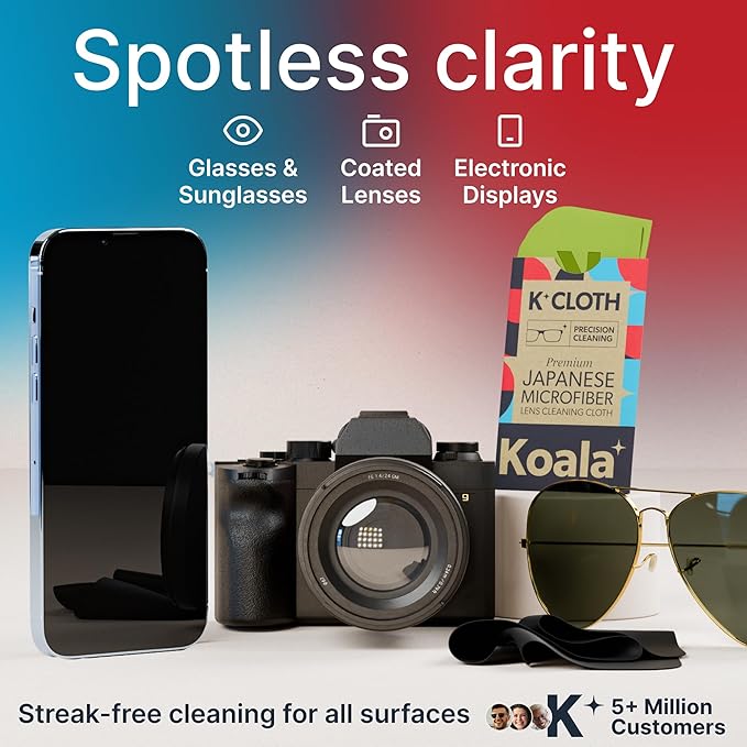 Koala Lens Cleaning Cloth | Japanese Microfiber | Glasses Cleaning Cloths | Eyeglass Lens Cleaner | Eyeglasses, Camera, VR/AR Headset, and Screen Cleaner | Black & Green (Pack of 6)