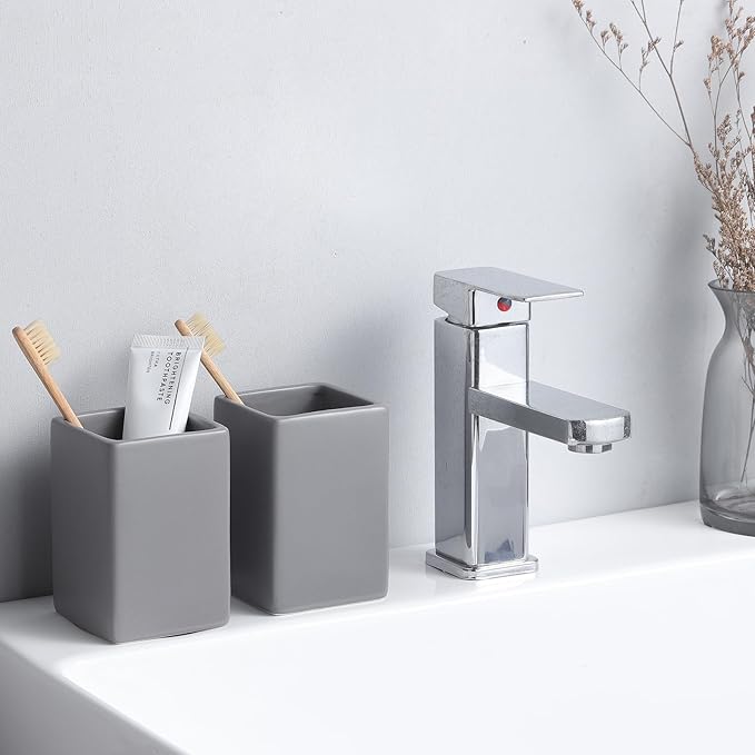 Grey Square Toothbrush Holders for Bathrooms - 2 Cups Ceramic Toothbrush Toothpaste Holders Set, White Square Bathroom Tumbler Cups Reusable Toothbrush Mouthwash Cup, Bathroom Counter Organizer.
