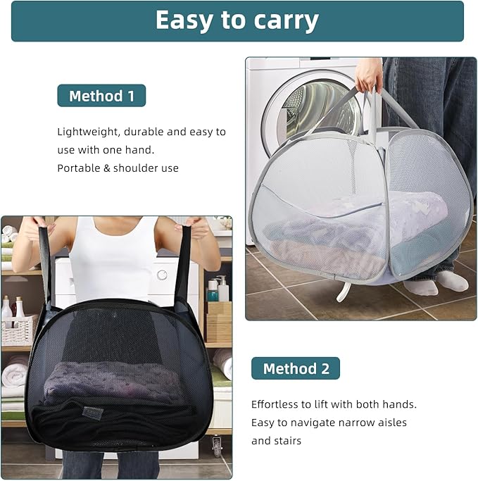 Collapsible Laundry Baskets, 90L Large Foldable Laundry Basket, Durable Mesh Pop Up Hampers for Laundry, Dirty Clothes Laundry Hamper for Bedroom, Bathroom, Dorm, Laundry Room, Travel, Camping Black