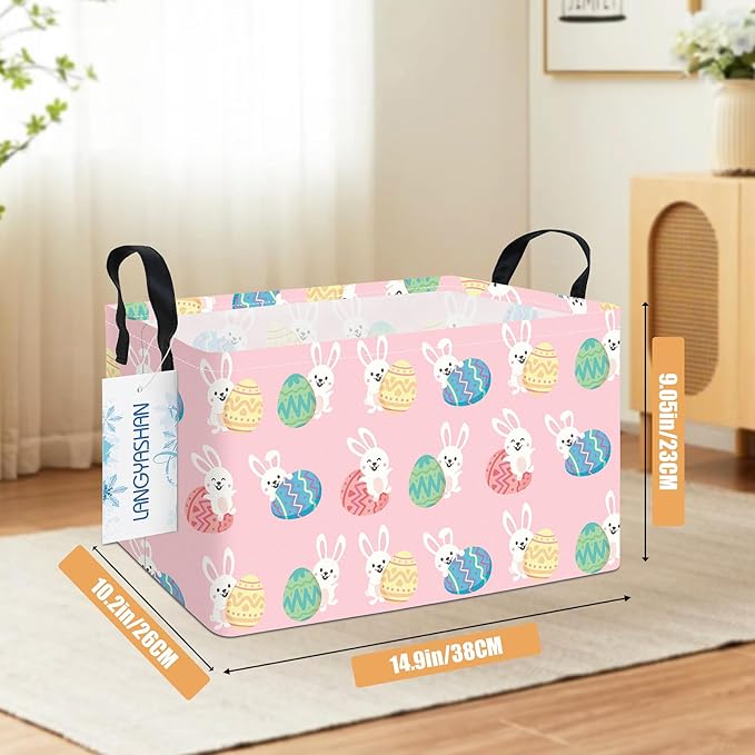 LANGYASHAN Rectangular Storage Bin Collapse Canvas Fabric Cartoon Storage Basket with Handles for Organizing Home Kitchen Boys and Girls Toys Office Closet Shelf Baskets (Rec Pink Rabbit Easter Egg)