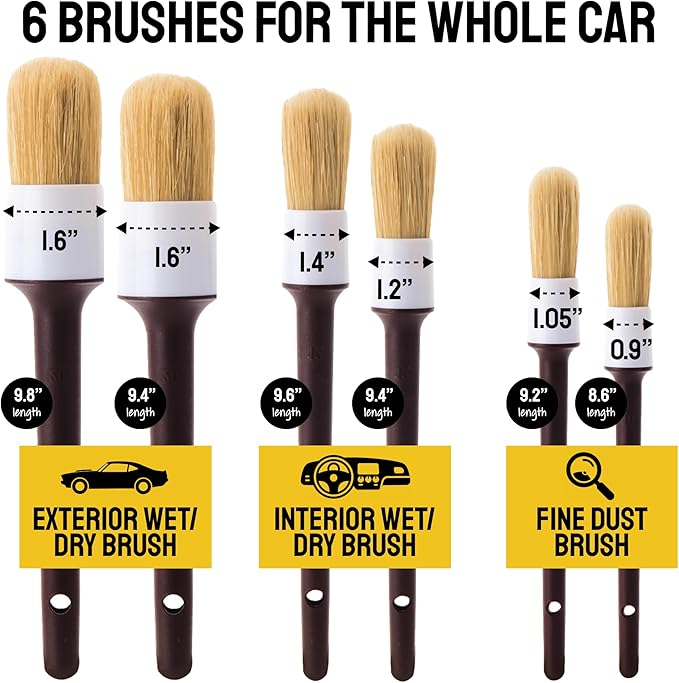 Boar Hair Detailing Brush Set - 9-Pack - Includes Wheel, Tire Brush & Tire Dressing Applicator - Soft Boar Hair Bristles - Scratch-Free Car Wash - Crevice Tools for Vents & Emblems