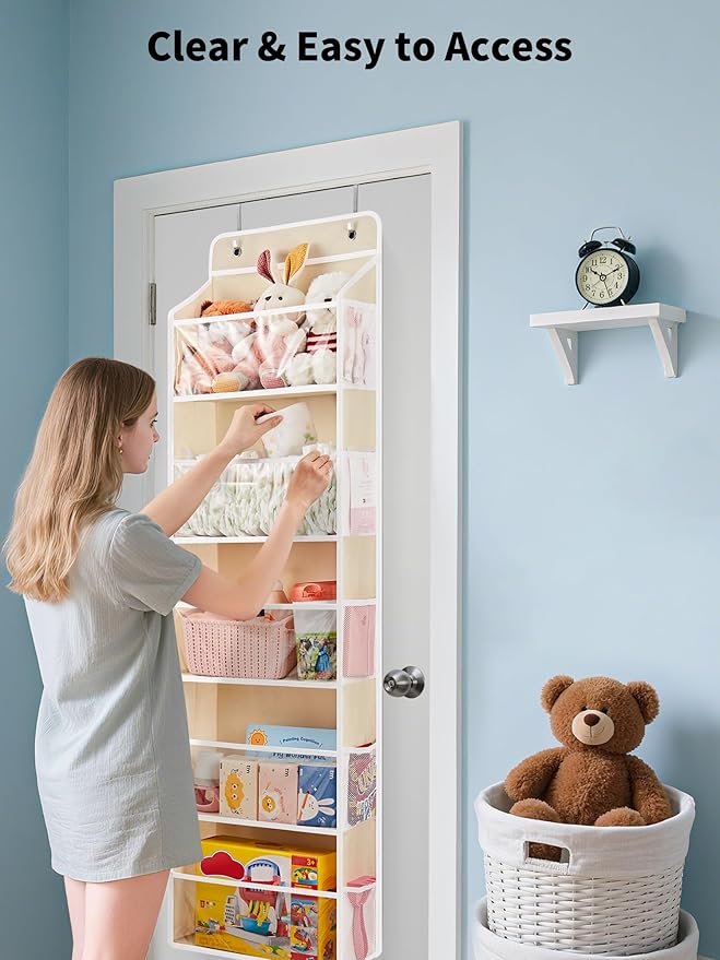 JARLINK Toy Stuffed Animal Storage, Over The Door Organizer W/Clear View Windows, 44lb Load, Baby Toy Storage Organizer for Nursery, Kid Bedroom, Newborn Baby Essentials (Beige)