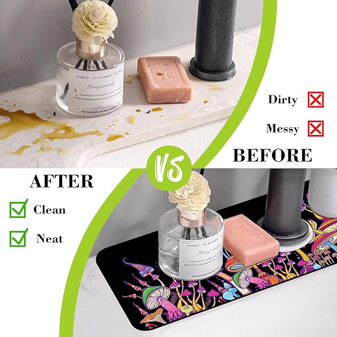 Sink Faucet Absorbing Mat Magic Mushrooms Sink Splash Guard Drying Mat for Kitchen Bathroom Faucet Sinkmat 15.5"X5.5"
