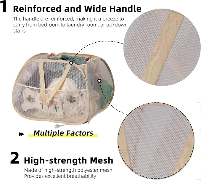 Collapsible Laundry Basket, 90L Foldable Pop Up Laundry Hamper with Handles, Mesh Dirty Clothes Hamper for Laundry, Bathroom, Kids Room, Dorm,Travel or Camping (Beige, 2PCS)