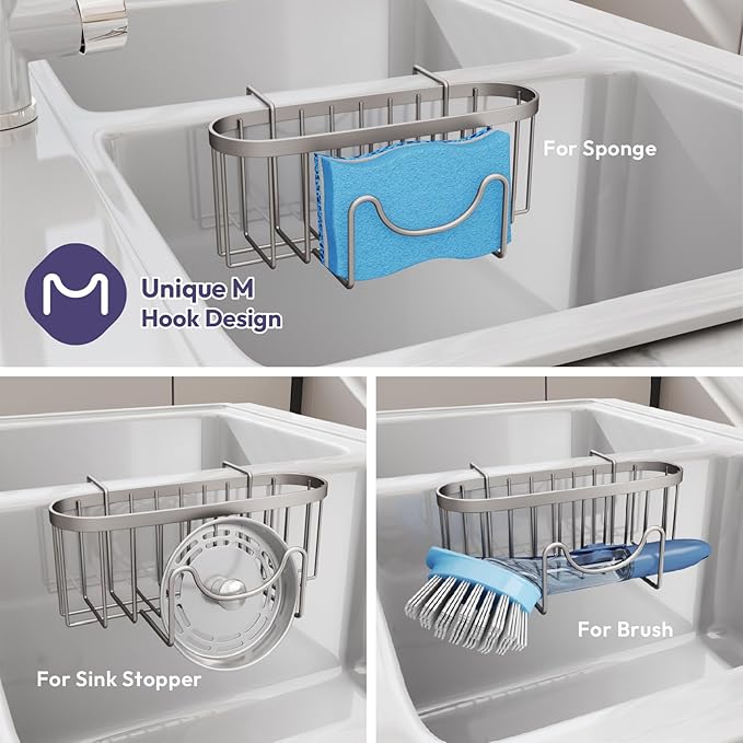 SWTYMIKI Sponge Holder for Kitchen Sink - Movable Kitchen Sink Caddy with M Hook Stainless Steel Hanging Sponges Caddy Organizer in Double Bowl Sinks Depth>3.15in, Middle Divider<1.5in, Sand Nickel L