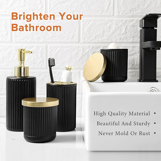 Matte Black and Gold Bathroom Accessories Set, 4 Pack Glass Bath Accessory Sets Complete, Ribbed Soap Dispenser and Toothbrush Holder Set with 2 Qtip Holders, Modern Gold Bathroom Decor