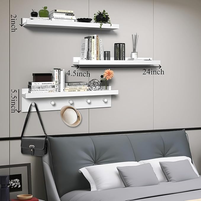 MBYD Picture Shelf Ledge, 24 Inch Floating Shelves for Wall, Nursery Book Shelves with Hooks Set of 3, Floating Shelf Wall Mounted for Bathroom, Kids Room, Living Room, Kitchen Bedroom White