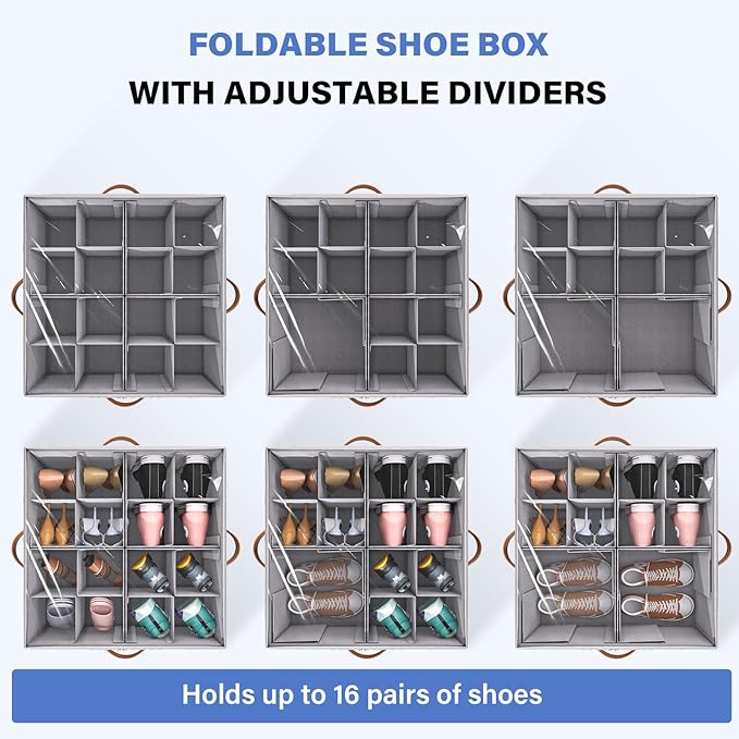 2 Pack Shoe Organizer for Closet, Fits Up to 16-32 Pairs, Foldable Shoe Storage Organizer, Shoe Containers with Clear Cover, Large Shoe Boxes Boot Storage, Adjustable Dividers