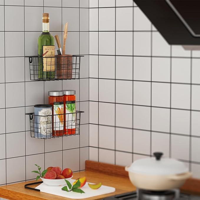 MaraFansie Hanging Kitchen Baskets Wire Storage Basket Adhesive and Screws Basket Over the Cabinet Door Organizer with Adhesive Strips and Screws Accessories, 2 Installations, 2 Pack