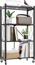 4 Tier Foldable Metal Storage Shelf with Wheels, 400 LBS Heavy Duty Collapsible Wire Shelving Unit, Rolling Utility Rack Cube Bookshelf for Kitchen Pantry Office Garage,50" x 13" x 27" Black