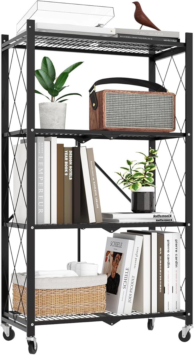 4 Tier Foldable Metal Storage Shelf with Wheels, 400 LBS Heavy Duty Collapsible Wire Shelving Unit, Rolling Utility Rack Cube Bookshelf for Kitchen Pantry Office Garage,50" x 13" x 27" Black