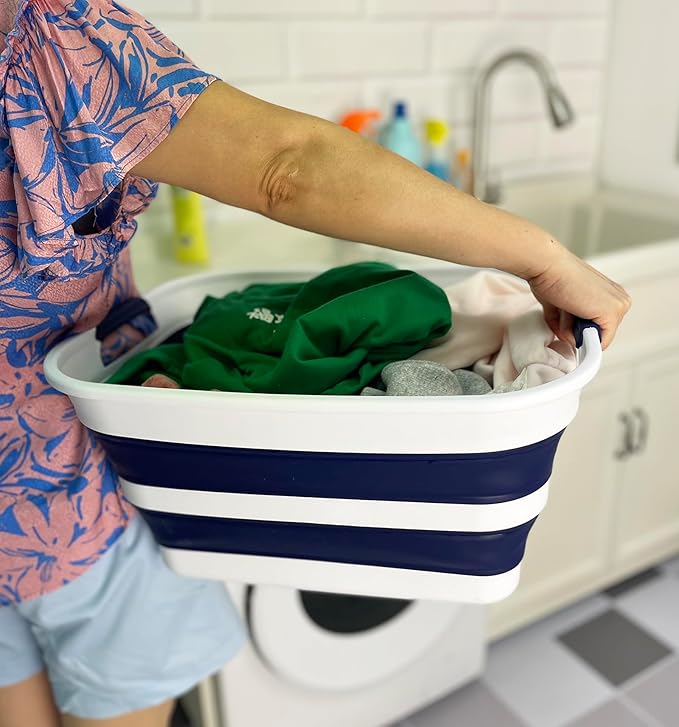 SAMMART Collapsible Plastic Laundry Basket with Handle/Foldable Pop Up Storage Hamper/Portable Laundry Organizer-Space Saving Washing Tub/Household Storage (White/Starry Blue, 27L (Set of 2))